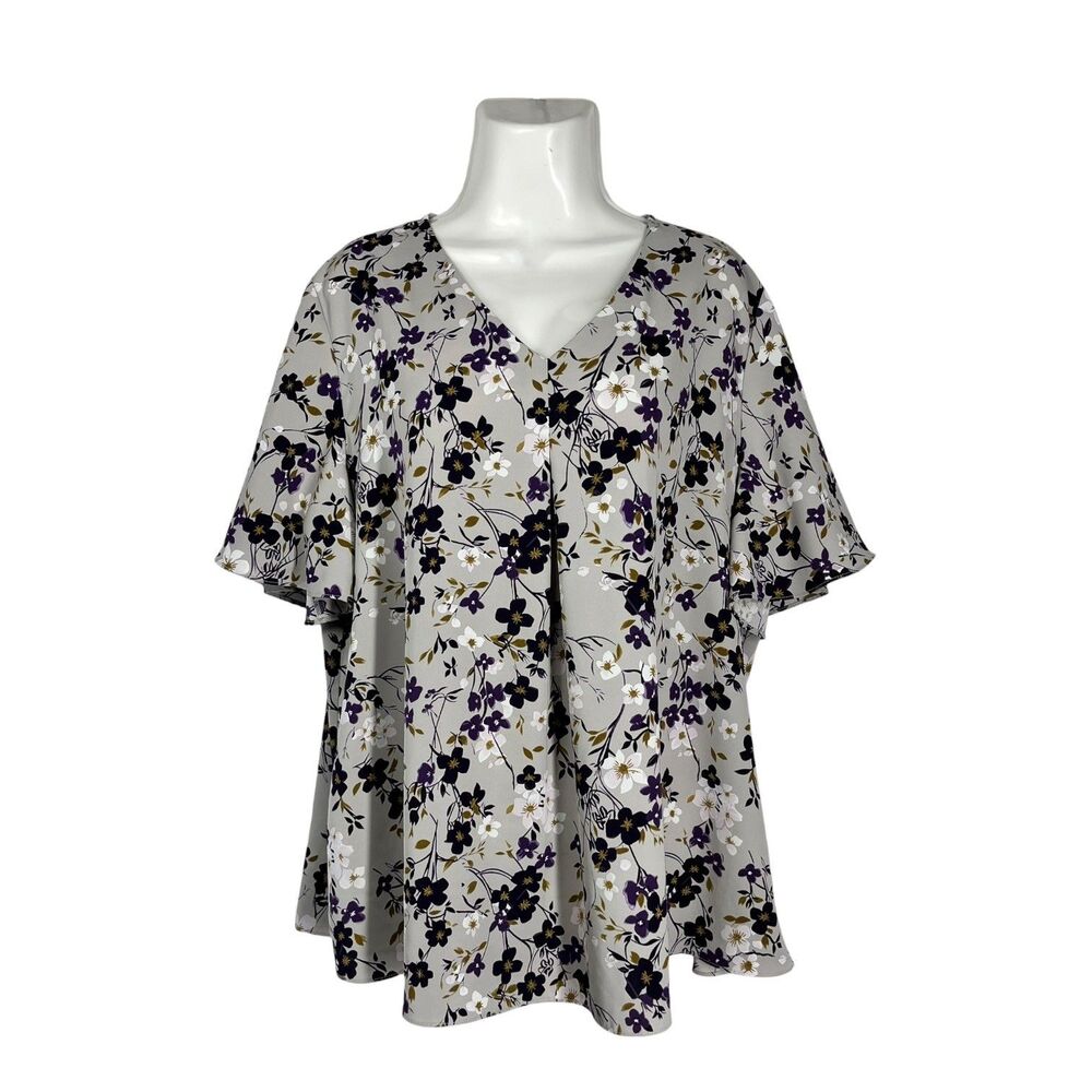 Anyally Top Women Size 2XL Gray Floral V-Neck Flutter Sleeve  Tunic Cottagecore